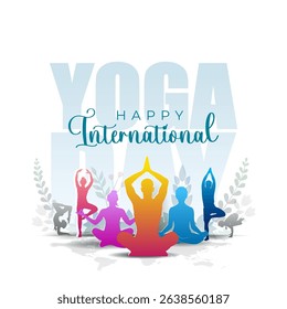 Happy yoga day background design. Silhouette of people exercise and yoga pose. International yoga day celebration banner concept.