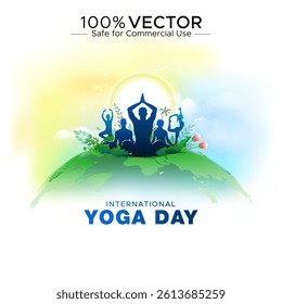 Happy Yoga Day. Group of People Practicing Yoga. 2025 Yoga for One Earth, One Health Theme Design.