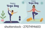 Happy Yoga Day Vector Banner Templates Set - People in Yoga Poses