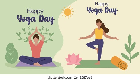 Happy Yoga Day Vector Banner Templates Set - People in Yoga Poses