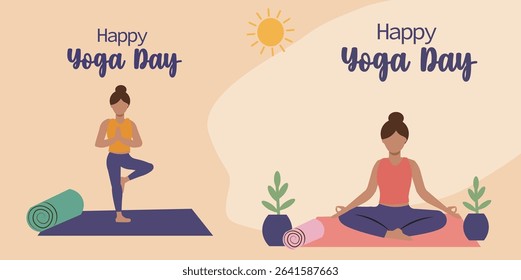 Happy Yoga Day Vector Banner Templates Set - People in Yoga Poses