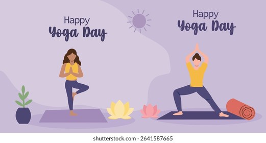 Happy Yoga Day Vector Banner Templates Set - People in Yoga Poses