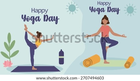 Happy Yoga Day Vector Banner Templates Set - People in Yoga Poses