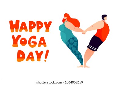 Happy Yoga Day. Vector illustrations in trendy cartoon design. Man and woman practicing couple yoga asana. Concept for wellness, lifestyle and spending time together.