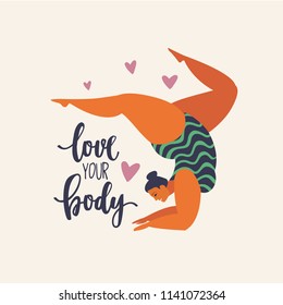 Happy yoga plus size girl. Happy body positive concept. Different is beautiful. Attractive overweight woman. For Fat acceptance movement no fatphobia. Vector illustration on retro background.