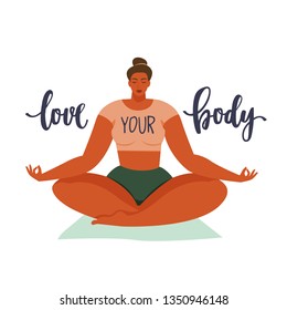 Happy yoga plus size girl. Happy body positive concept. Different is beautiful. Attractive overweight woman. For Fat acceptance movement no fatphobia. Vector illustration on retro background.