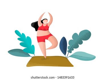 Happy Yoga Plus Size Girl. Dancing Girl. Happy Body Positive Concept. Different Is Beautiful. Attractive Overweight Woman. For Fat Acceptance Movement No Fat Phobia. Vector Illustration