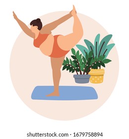 Happy yoga plus size girl. Beauty plump woman in yoga pose. Attractive overweight woman. Vector illustration.