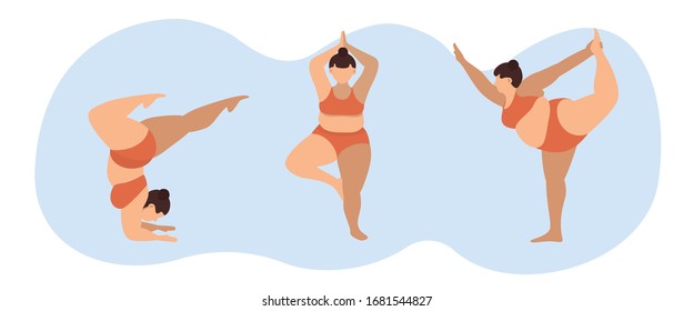 Happy yoga plus size girl. Beauty plump woman in yoga pose. Attractive overweight woman. Vector illustration.