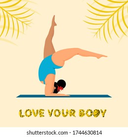 Happy yoga plus size girl. Happy body positive concept. Different is beautiful. Attractive overweight woman.Vector illustration.