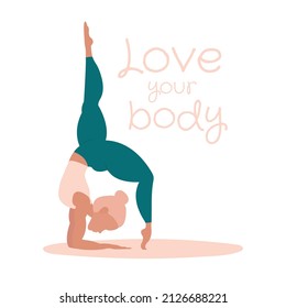 Happy yoga plus size girl. Happy body positive concept. Different is beautiful. Attractive overweight woman. For Fat acceptance movement no fatphobia.