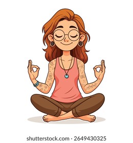 Happy Yoga Woman Cartoon Vector Illustration, Cartoon Clipart of a Calm Young Woman Meditating Pose