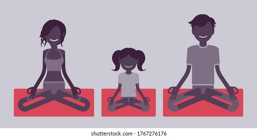 Happy yogi family in sports wear practicing yoga, meditating doing Padmasana pose, Lotus exercise, yogic practice for parents and child relationship harmony. Vector creative stylized illustration