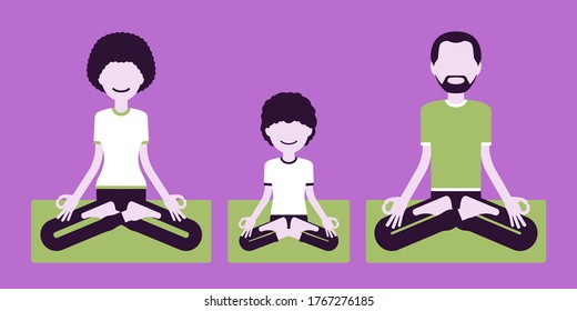 Happy yogi family in sports wear practicing yoga, meditating doing Padmasana pose, Lotus exercise, yogic practice for parents, child relationship harmony. Vector creative stylized illustration