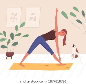 Happy yogini enjoying training on mat at home vector flat illustration. Smiling woman practicing yoga, pilates or stretching. Female character doing parivritta trikonasana position