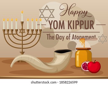 Happy Yom Kippur banner with shofar illustration