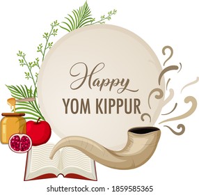 Happy Yom Kippur Banner With Shofar Illustration