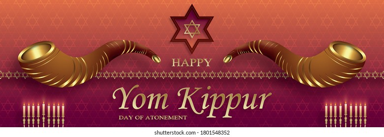 Happy Yom Kippur card with nice and creative symbols and gold paper cut style on color background for Jewish holiday illustration