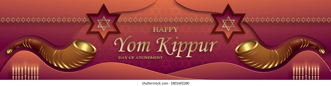 Happy Yom Kippur card with nice and creative symbols and gold paper cut style on color background for Jewish holiday illustration