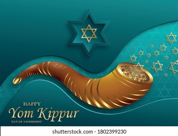 Happy Yom Kippur card with nice and creative symbols and gold paper cut style on color background for Jewish holiday illustration