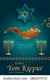 Happy Jom-Kippur-Karte mit schönen und kreativen Symbolen und goldenem Papierschnitt auf Farbhintergrund für jüdische Feiertagsgrafik