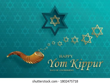 Happy Yom Kippur card with nice and creative symbols and gold paper cut style on color background for Jewish holiday illustration