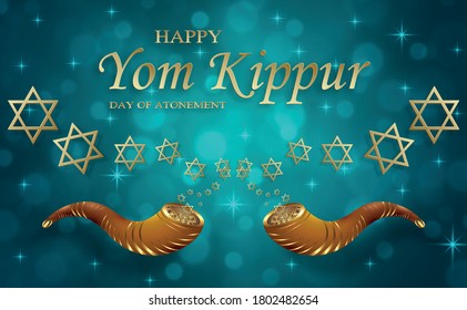 Happy Yom Kippur card with nice and creative symbols and gold paper cut style on color background for Jewish holiday illustration