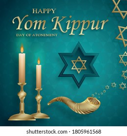 Happy Jom-Kippur-Karte mit schönen und kreativen Symbolen und goldenem Papierschnitt auf Farbhintergrund für jüdische Feiertagsgrafik