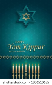 Happy Jom-Kippur-Karte mit schönen und kreativen Symbolen und goldenem Papierschnitt auf Farbhintergrund für jüdische Feiertagsgrafik