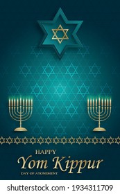 Happy Jom-Kippur-Karte mit schönen und kreativen Symbolen und goldenem Papierschnitt auf Farbhintergrund für jüdische Feiertagsgrafik