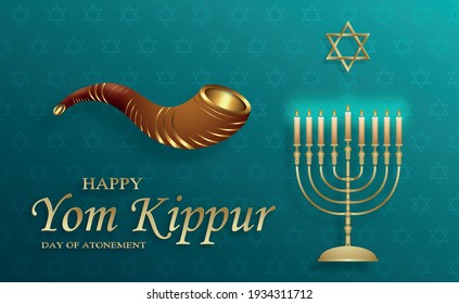 Happy Jom-Kippur-Karte mit schönen und kreativen Symbolen und goldenem Papierschnitt auf Farbhintergrund für jüdische Feiertagsgrafik