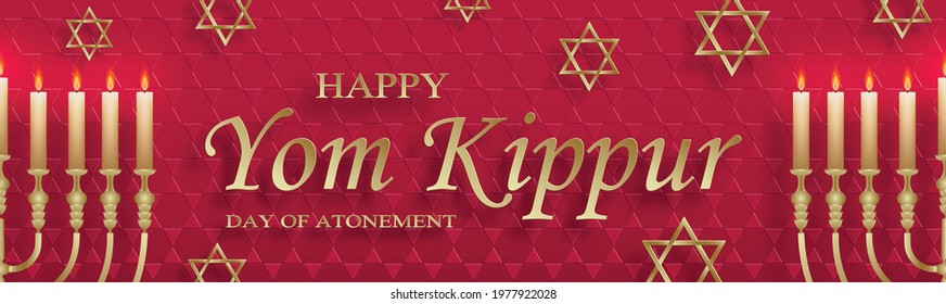 Happy Yom Kippur card with nice and creative symbols and gold paper cut style on red color background for Jewish holiday illustration