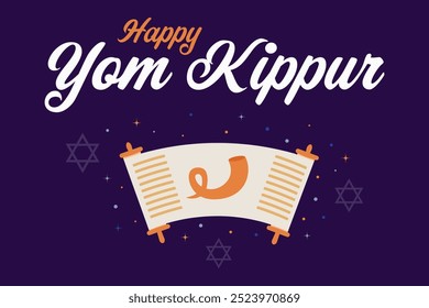 Feliz Yom Kipur. Dia de expiação. Ilustração vetorial com livro da vida, texto e chifre de shofar.