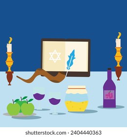 Happy Yom kippur day, celebrate Israel Holiday for Judaism religion. celebrate Jewish Holiday food and drinks. flat vector illustration.