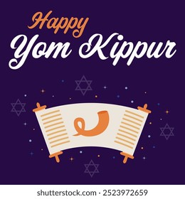 Feliz cartão de felicitações do Yom Kipur. Feriado judaico. Ilustração vetorial com texto, livro da vida, chifre de shofar e símbolos.