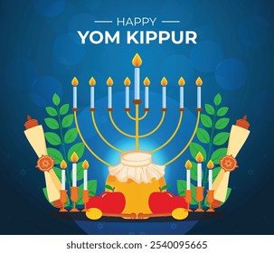 Feliz Yom Kippur con Menorah vela y Elementos de decoración judía. Tarjeta de felicitación de Festiva judío de Yom Kippur