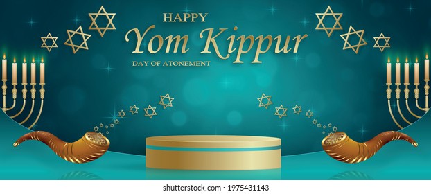 Happy Yom Kippur round stage with nice and creative symbols and gold paper cut style on color background for Jewish holiday illustration