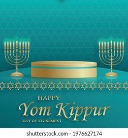 Happy Yom Kippur round stage with nice and creative symbols and gold paper cut style on color background for Jewish holiday illustration