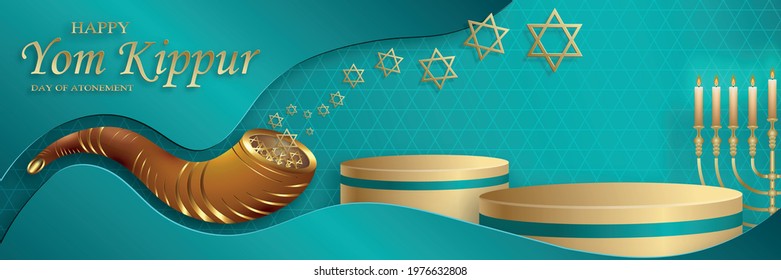 Happy Yom Kippur round stage with nice and creative symbols and gold paper cut style on color background for Jewish holiday illustration