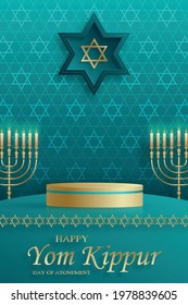 Happy Yom Kippur round stage with nice and creative symbols and gold paper cut style on color background for Jewish holiday illustration