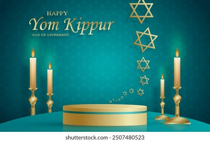 Happy Jom Kippur runde Bühne mit schönen und kreativen Symbolen und goldenen Papierschnitt Stil auf farbigem Hintergrund für jüdische Urlaubsgrafik