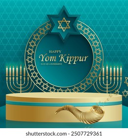 Happy Yom Kippur round stage with nice and creative symbols and gold paper cut style on color background for Jewish holiday illustration