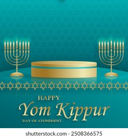 Happy Jom Kippur runde Bühne mit schönen und kreativen Symbolen und goldenen Papierschnitt Stil auf farbigem Hintergrund für jüdische Urlaubsgrafik