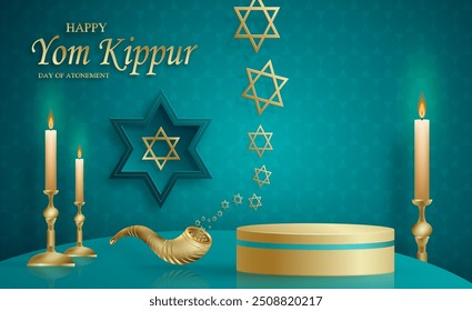 Feliz Yom Kippur palco redondo com símbolos agradáveis e criativos e ouro estilo de corte de papel no fundo de cor para a ilustração de feriado judaico