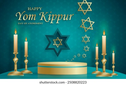 Happy Jom Kippur runde Bühne mit schönen und kreativen Symbolen und goldenen Papierschnitt Stil auf farbigem Hintergrund für jüdische Urlaubsgrafik