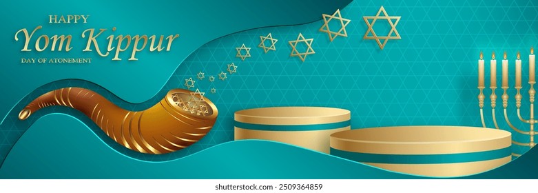 Happy Jom Kippur runde Bühne mit schönen und kreativen Symbolen und goldenen Papierschnitt Stil auf farbigem Hintergrund für jüdische Urlaubsgrafik