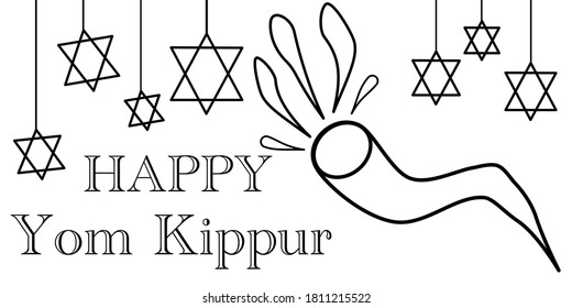 Happy Yom Kippur.Happy new year.Jewish man in Tallit blowing the Shofar (horn) of Rosh Hashanah (New Year Jew).Religious and Holidays in israel people of GOD.Coloring page for color.Vector background.