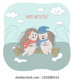 Happy With You text. Greeting card design with positive image of happy couple of hedgehogs sitting on a bench. Perfect for invitation, notebooks,covers, banner,poster, kids cards . Vector.Eps10