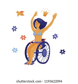 Happy yound woman in bikini sitting in wheelchair, waving hands, flat vector illustration isolated on white background. Young pretty woman, girl in wheelchair wearing bikini, body positive concept