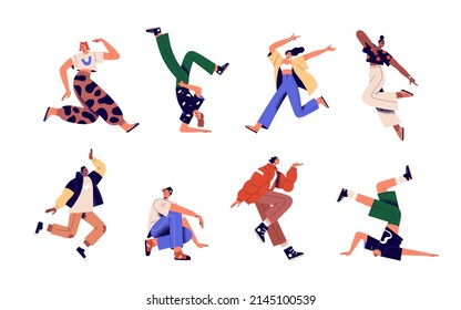 Happy young active people in funny energetic poses, fun and joy. Excited men and women rejoicing. Inspired characters, youth  with energy set. Flat vector illustrations isolated on white background.